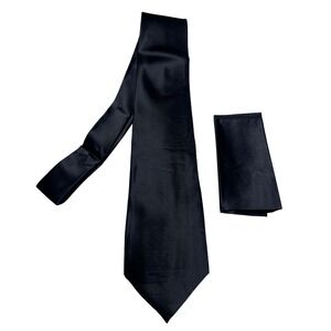 Stafford Mens Black 100% Silk Solid Necktie and Pocket Square Set Hand Made